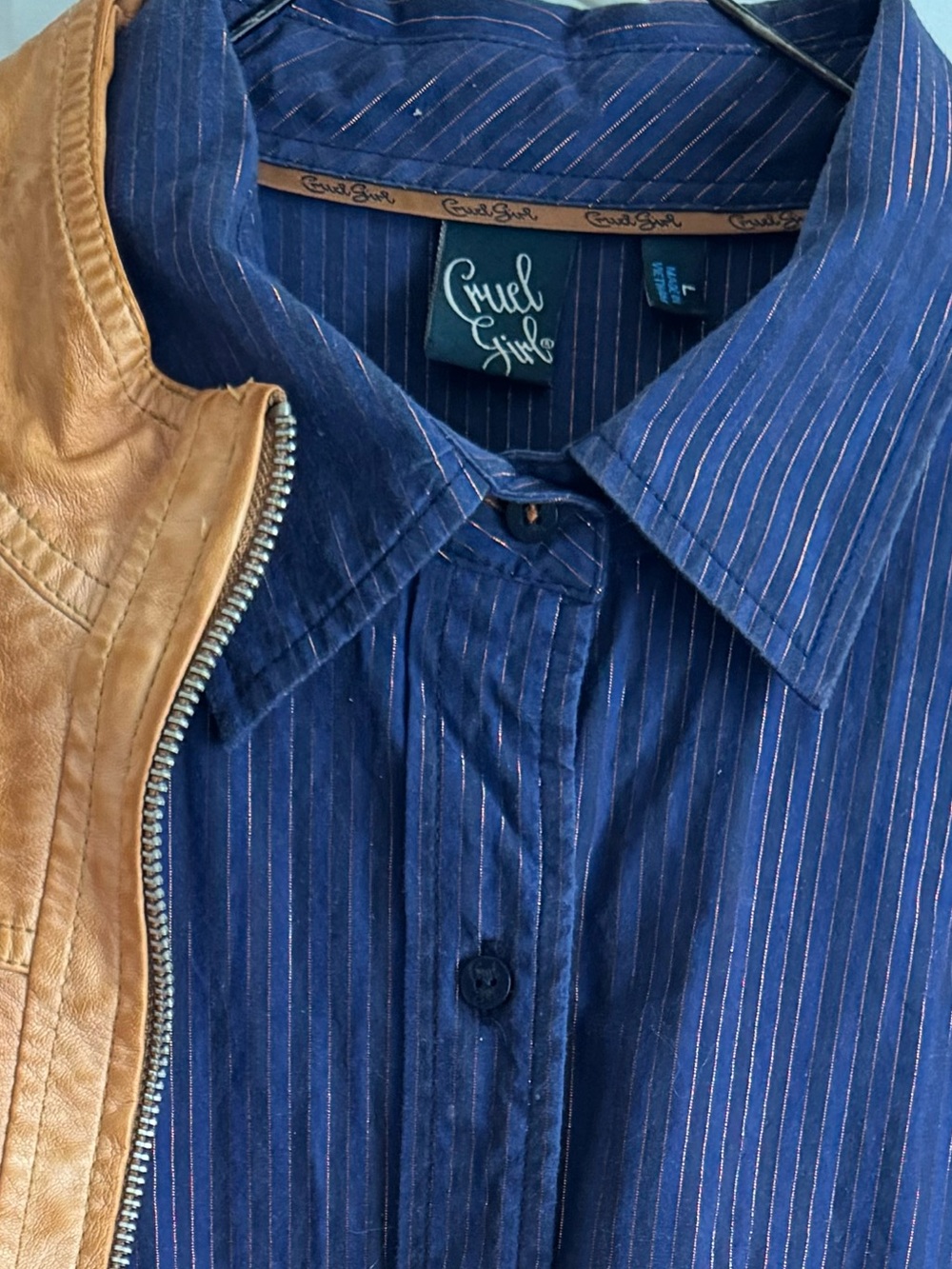 Cruel Girl Navy Blue & gold Pinstripe shirts.